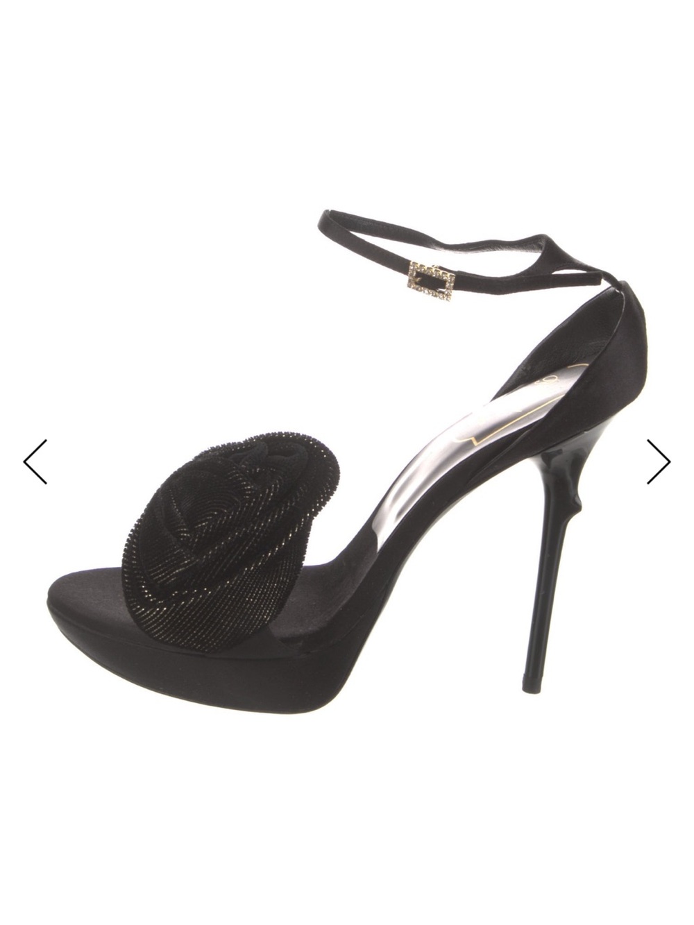 Roger Vivier Black Satin Rosette Ankle-Strap Stiletto Sandals